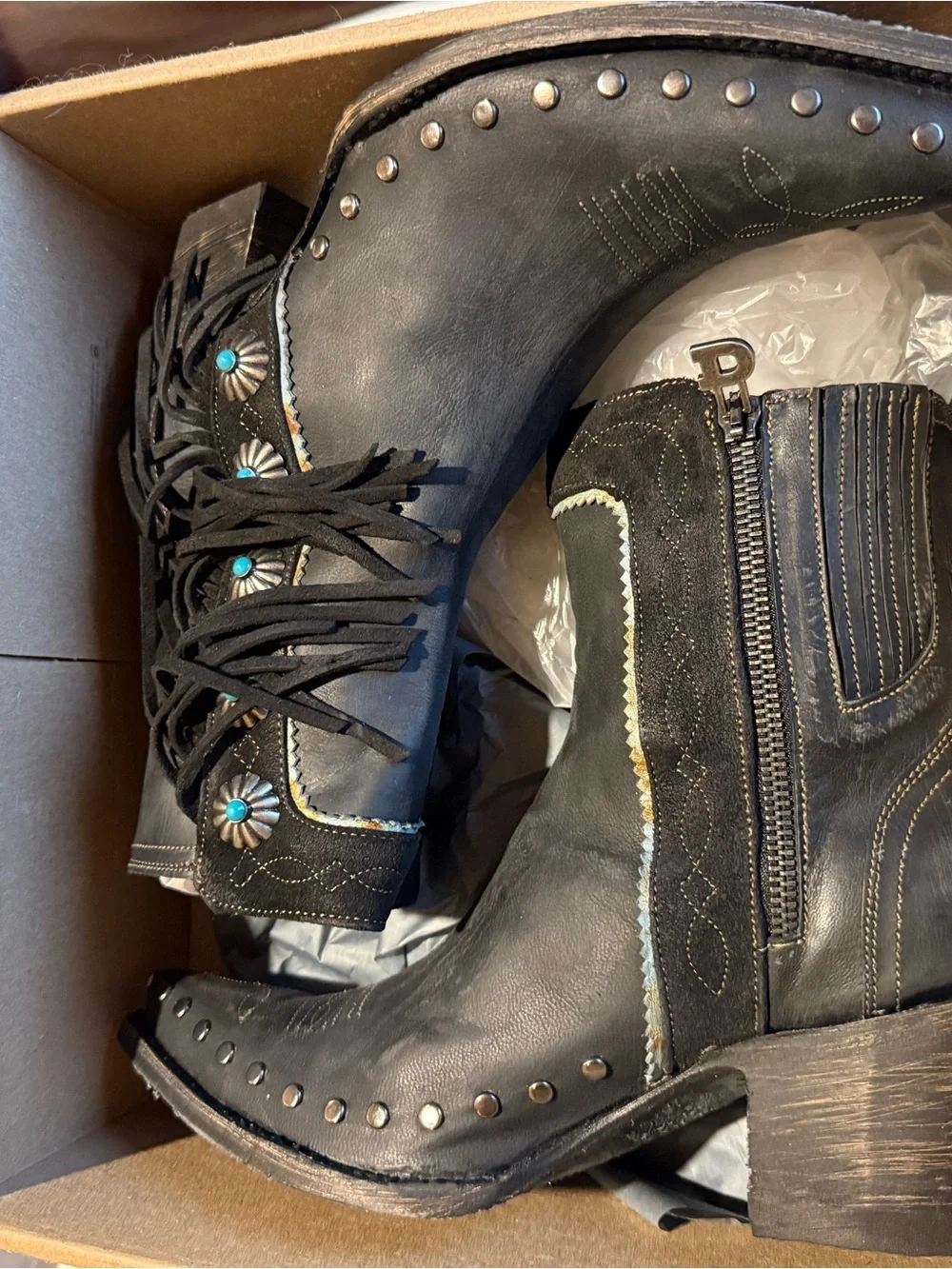 Double D Ranch Black Leather Western Fringe Ankle Boots with Turquoise Accents - Picture 7 of 11